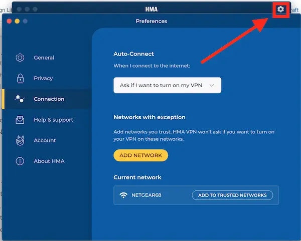 Bảng điều khiển ứng dụng HMA VPN