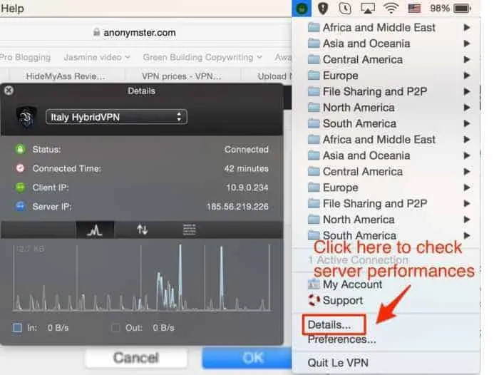 Le VPN details page to check VPN server performances