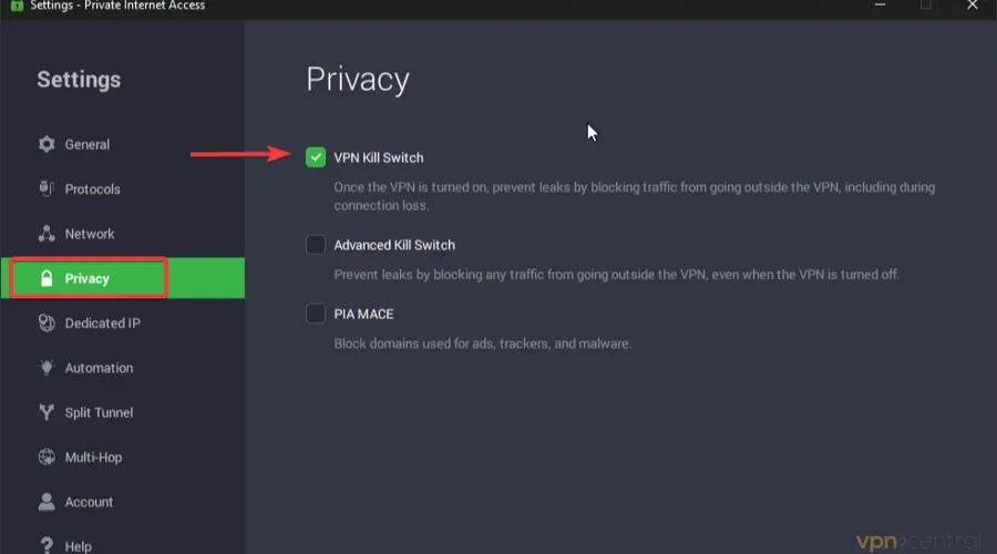 pia kill switch feature