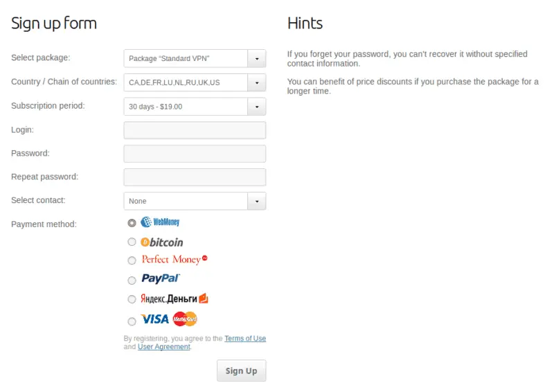 signup form on vpnlux