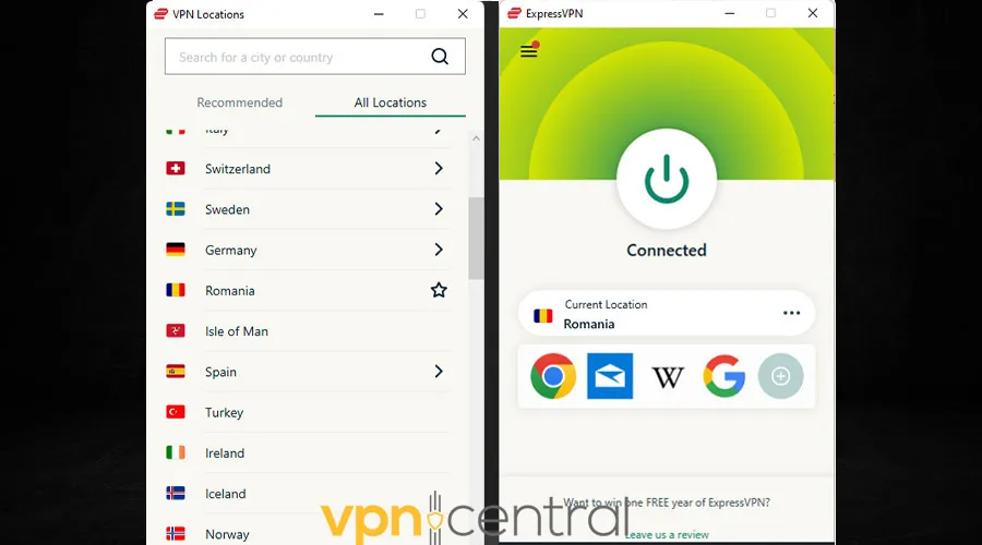 ExpressVPN connected to romania