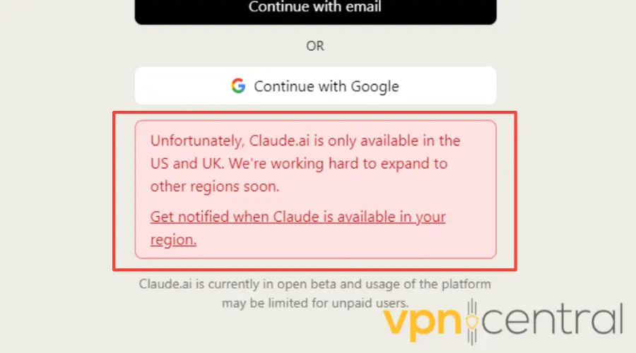 geo-restriction error message on claude.ai homepage