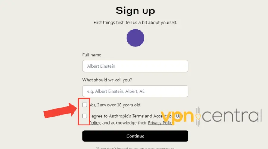 claude ai signup page agreeing to privacy policy and terms of use