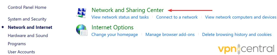 Click on Network and Sharing Center