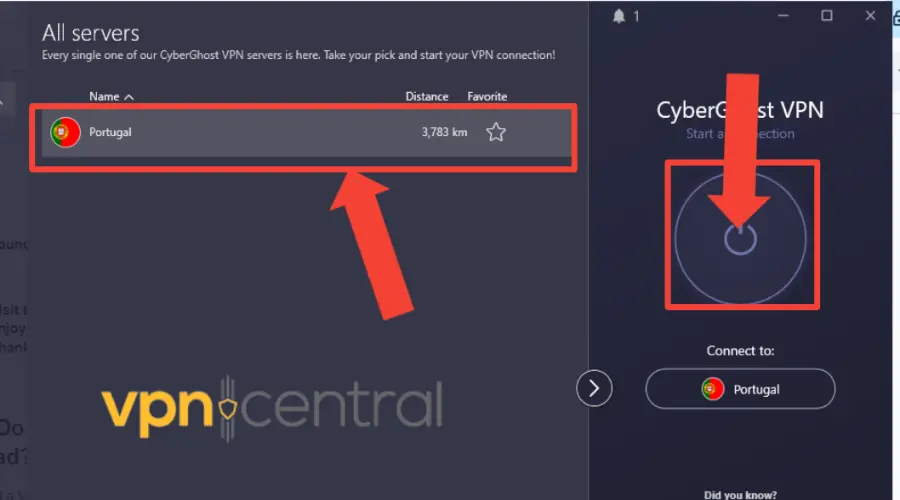 cyberghost connect to server in portugal