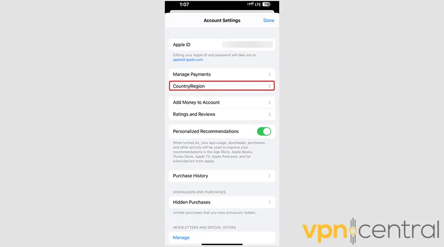 Country and region in apple id
