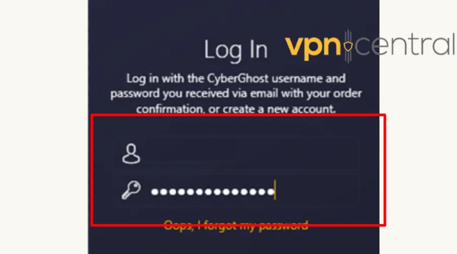 Cyberghost login interface