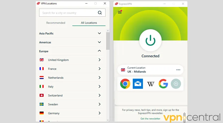 ExpressVPN connected to UK server