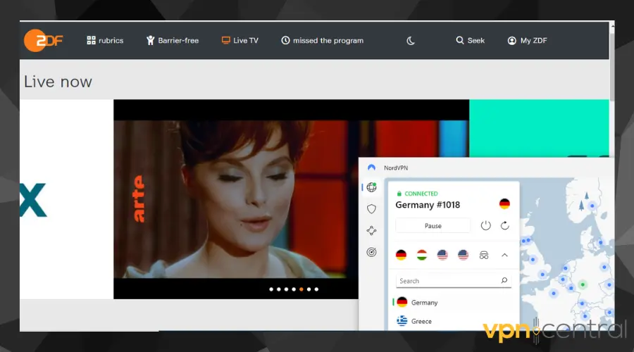 nordvpn connected to german server with german tv zdf working