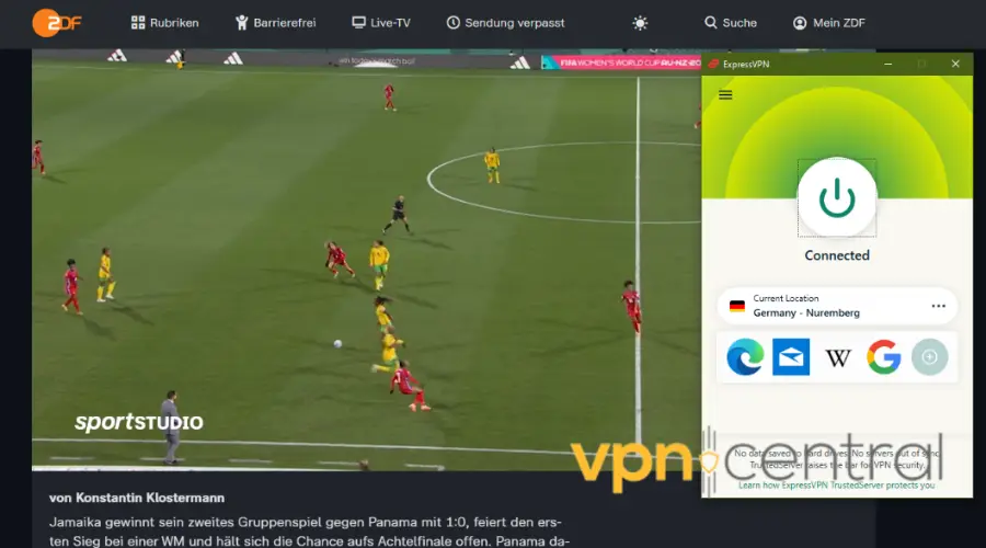 german tv sports studio working in ireland with expressvpn connected