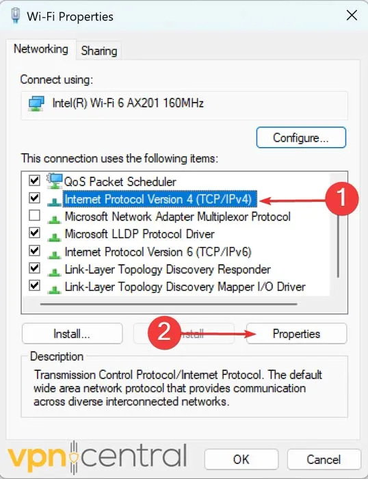 In the Properties window,-select Internet Protocol Version