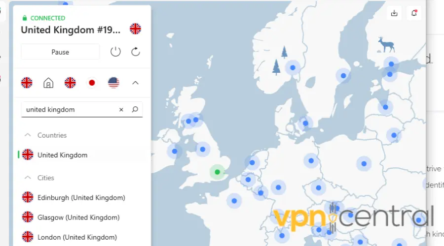 nordvpn connected to a server in the united kingdom