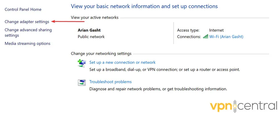 On the left sidebar click on Change adapter settings