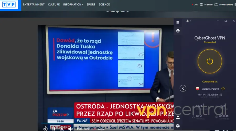 polish tv working with cyberghost vpn connected