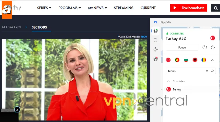 turkish tv working with nordvpn connected