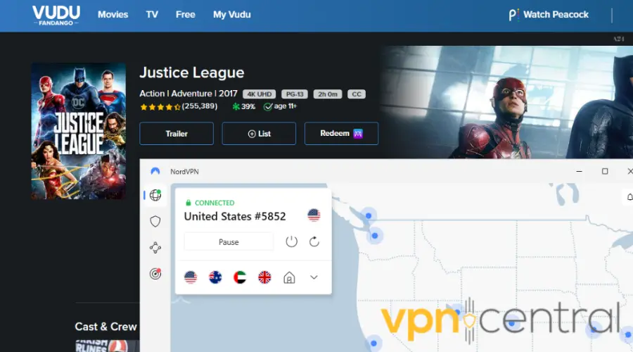 vudu working abroad with nordvpn connected to united states