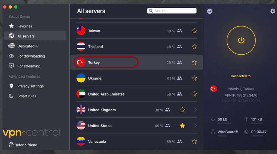 cyberghost connected to istanbul server in turkey
