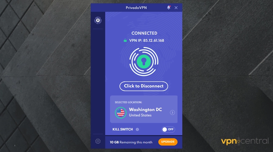 privadovpn connected to washington dc