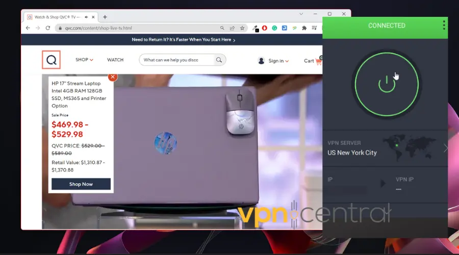 qvc working with pia vpn connected to united states server