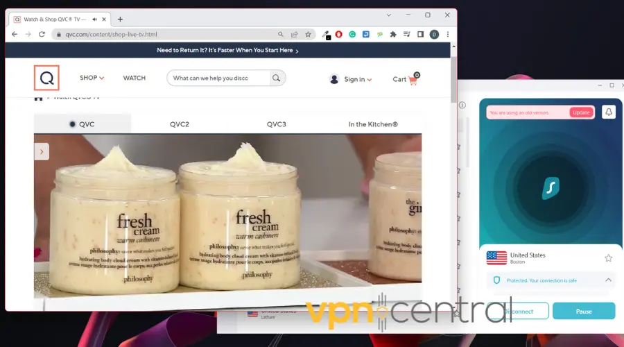 qvc working with surfshark vpn connected to united states server