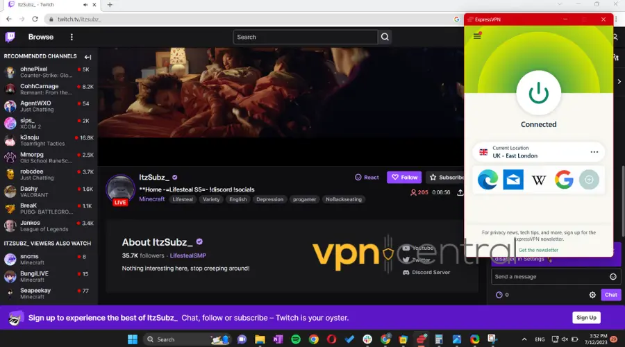 twitch working with expressvpn connected to london server