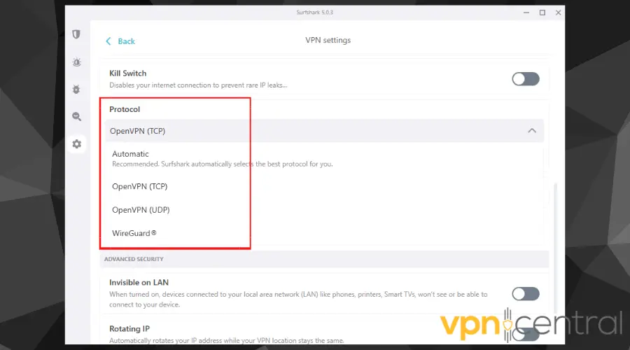 change tunneling protocol in surfshark vpn app