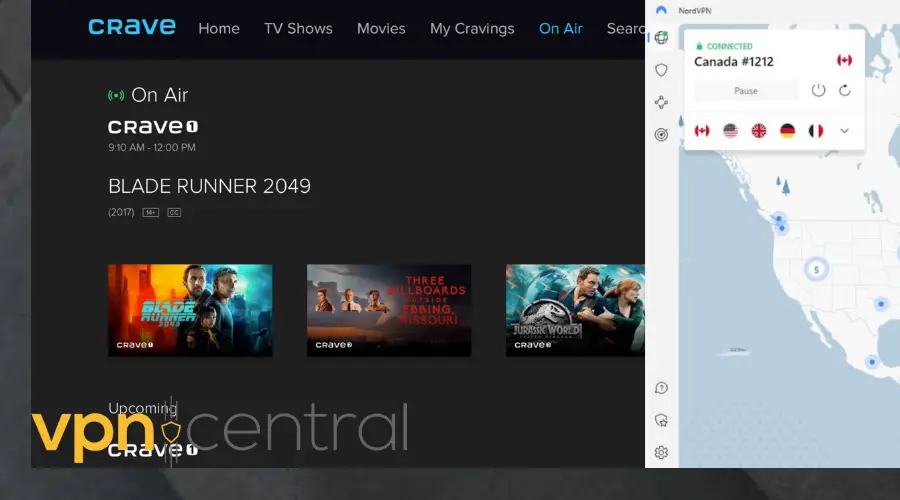 crave tv working with nordvpn connected to canada
