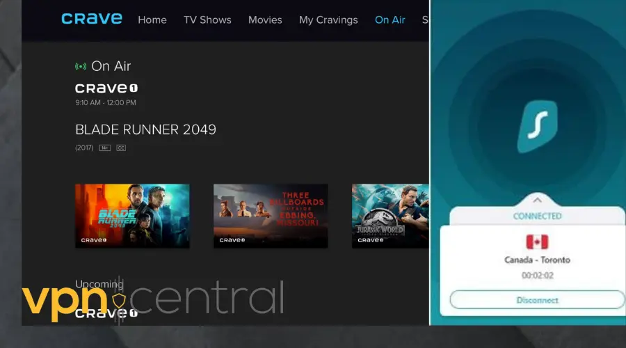 crave tv unlocked with surfshark vpn connected to canadian server