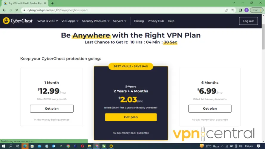 cyberghost plan pricing page