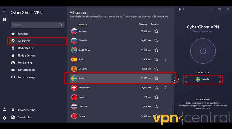 cyberghost connect to swedish server