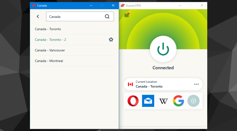 Screenshot of ExpressVPN connected to a Canadian server