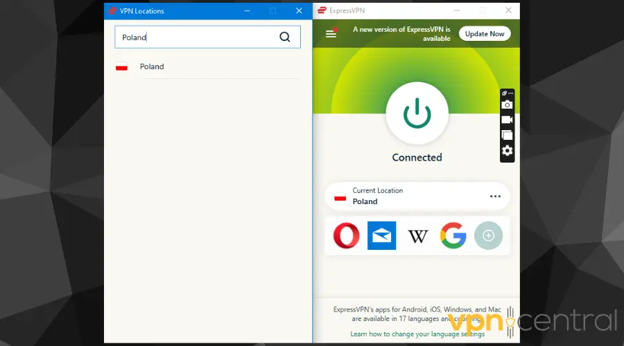 ExpressVPN connected to a Poland server