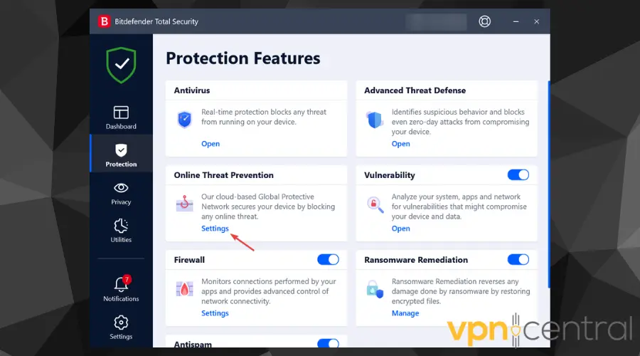 Screenshot showing antivirus dashboard