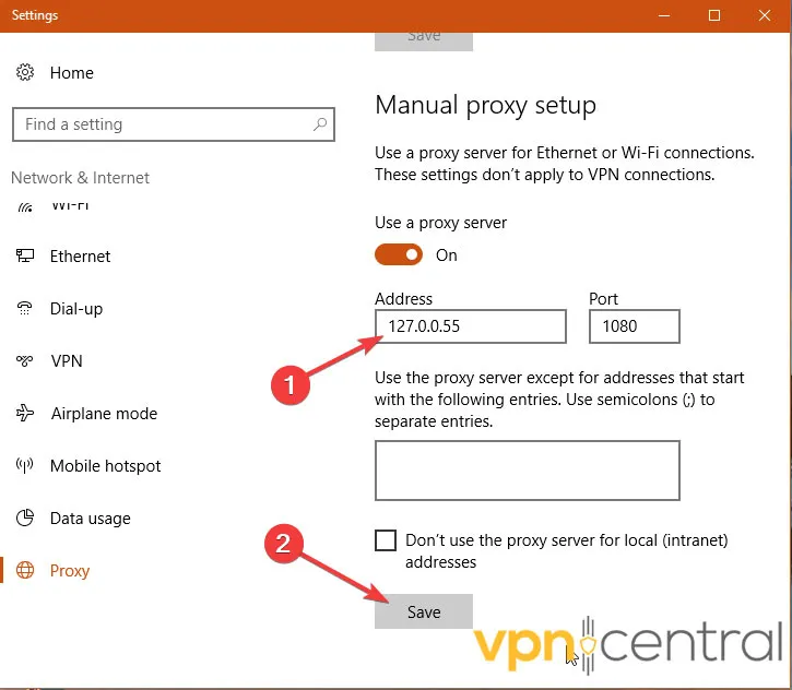 enter proxy address and port