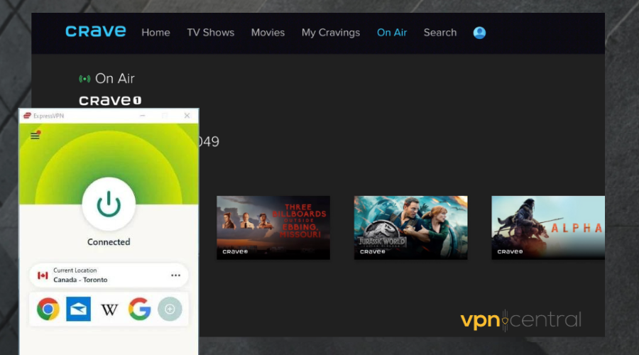 crave unlocked with expressvpn connected to canada