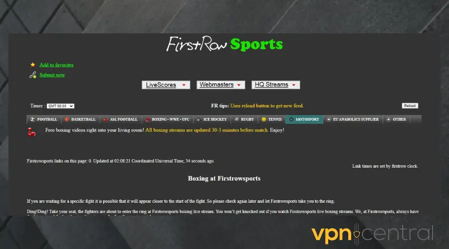 first row sports web interface