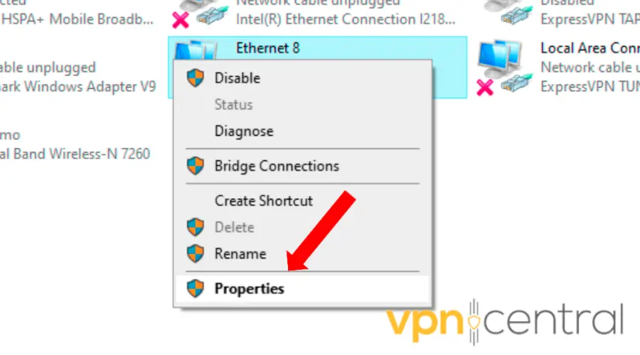 Ethernet properties select