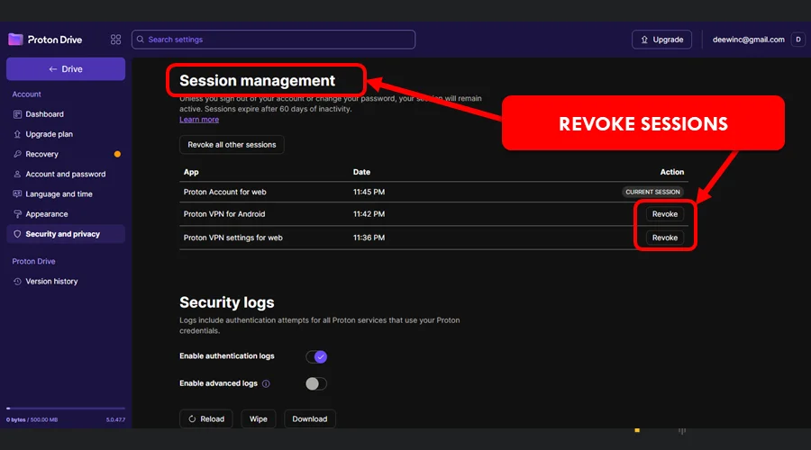 revoke sessions on proton vpn