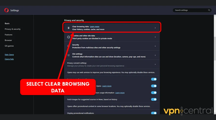 select clear browsing data