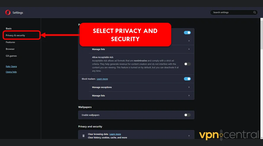 select privacy and security on your browser
