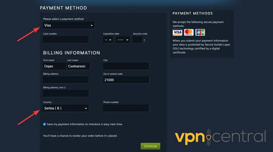 steam payment method and country