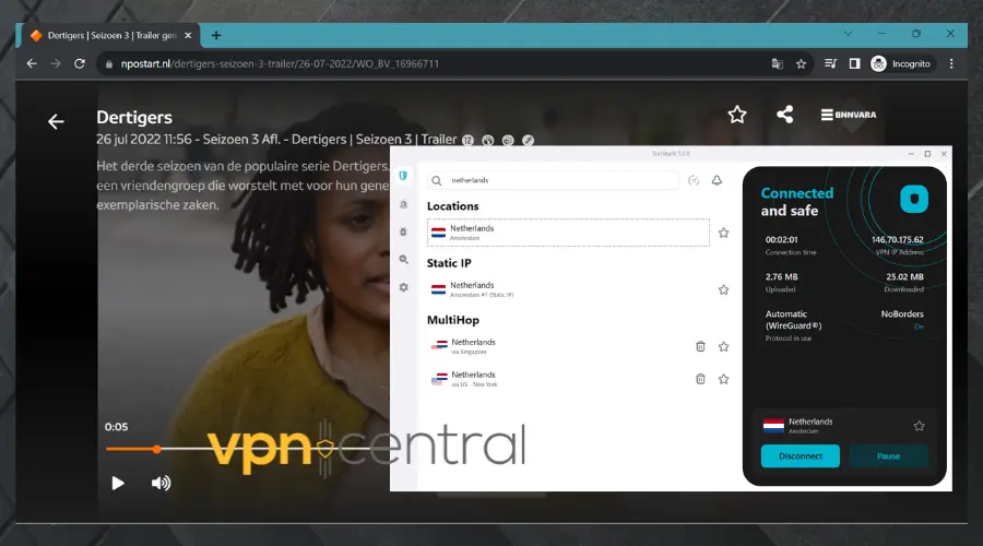 dutch tv working with surfshark connected to netherlands amsterdam