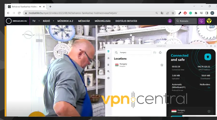 hungarian tv unlocked with surfshark connected to server in budapest