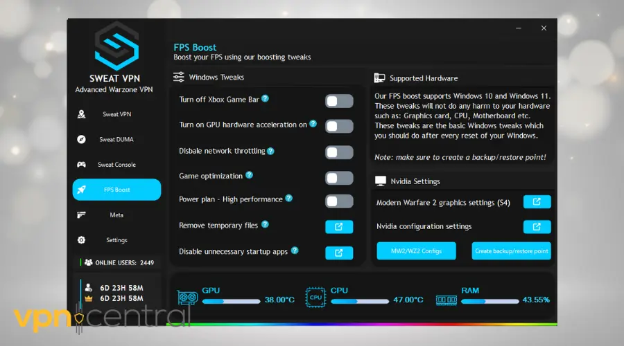 sweat vpn fps boost