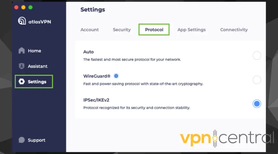 Change Atlas VPN protocols