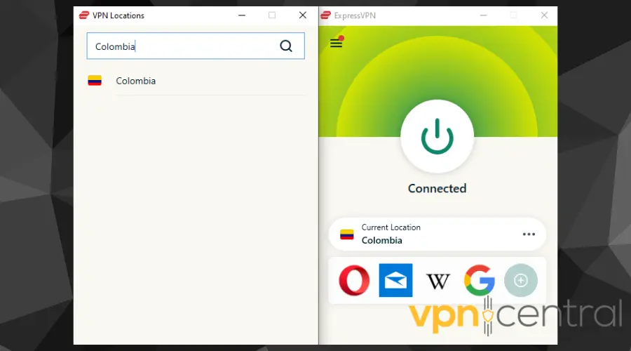 ExpressVPN connected to a Colombian server