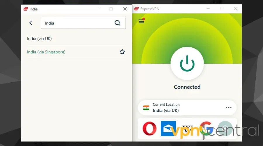 ExpressVPN connected to an Indian server