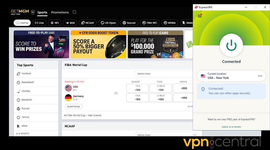BetMGM working with ExpressVPN connected