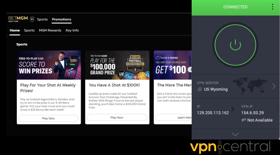 betmgm working with private internet access vpn running