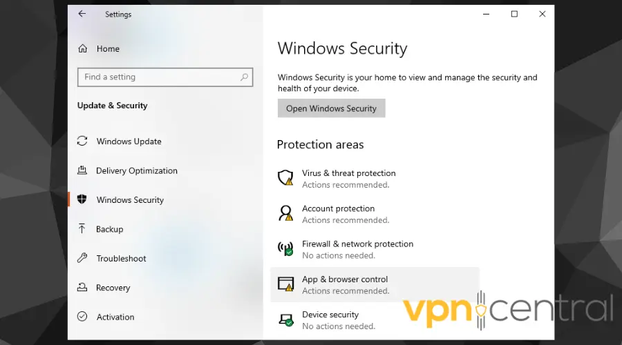 Windows security settings